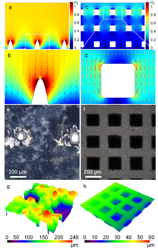 2D Ni-Zn、3D Ni-Zn电极的电解液中电流密度分布仿真以及循环后的超景深显微镜图片和相应高度云图